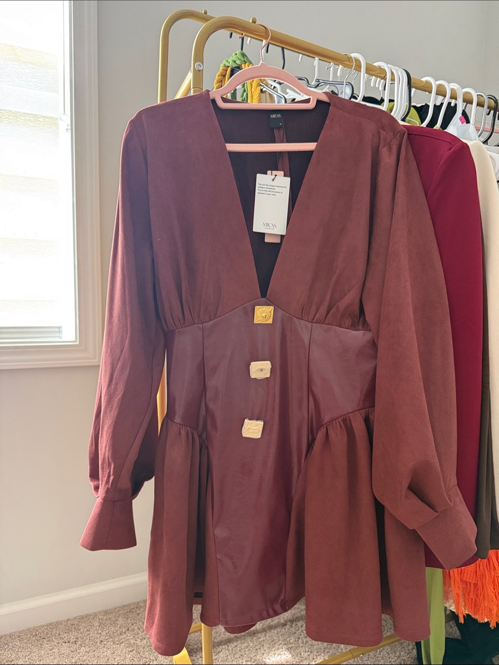 Suede-Panel Burgundy Mini Dress with Statement Buttons